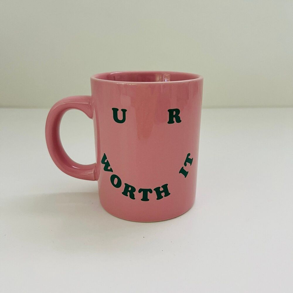 BAN.DO Ceramic Pink Green "U R Worth It" Coffee Mug Cup